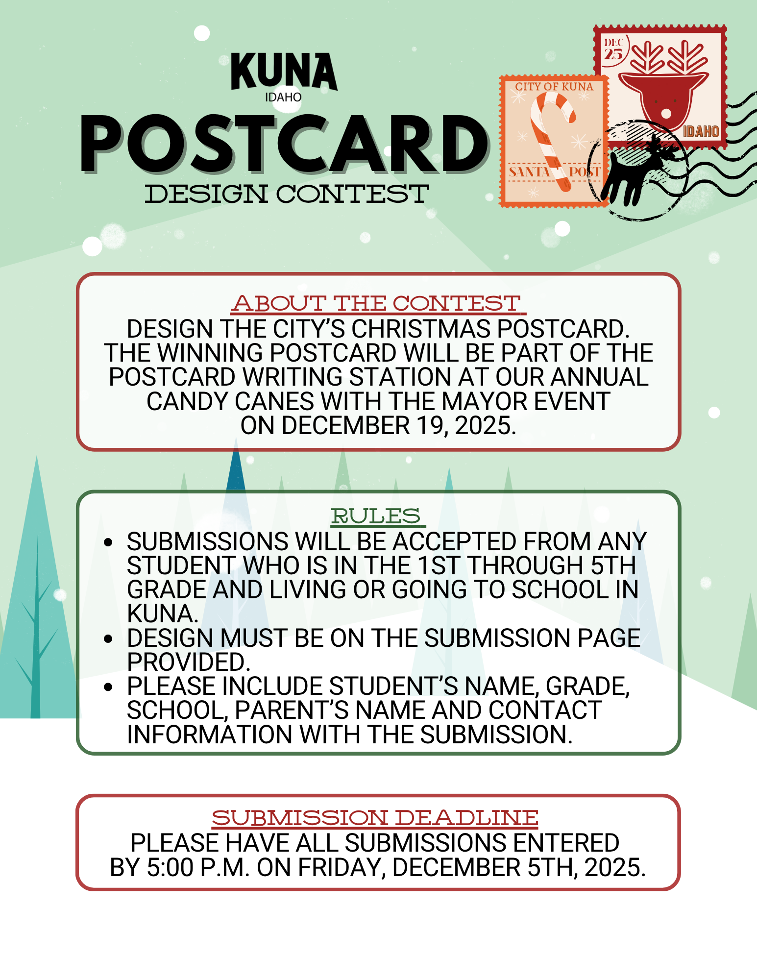 Details about the 2025 Postcard Design Contest. Light green winter background with trees. 